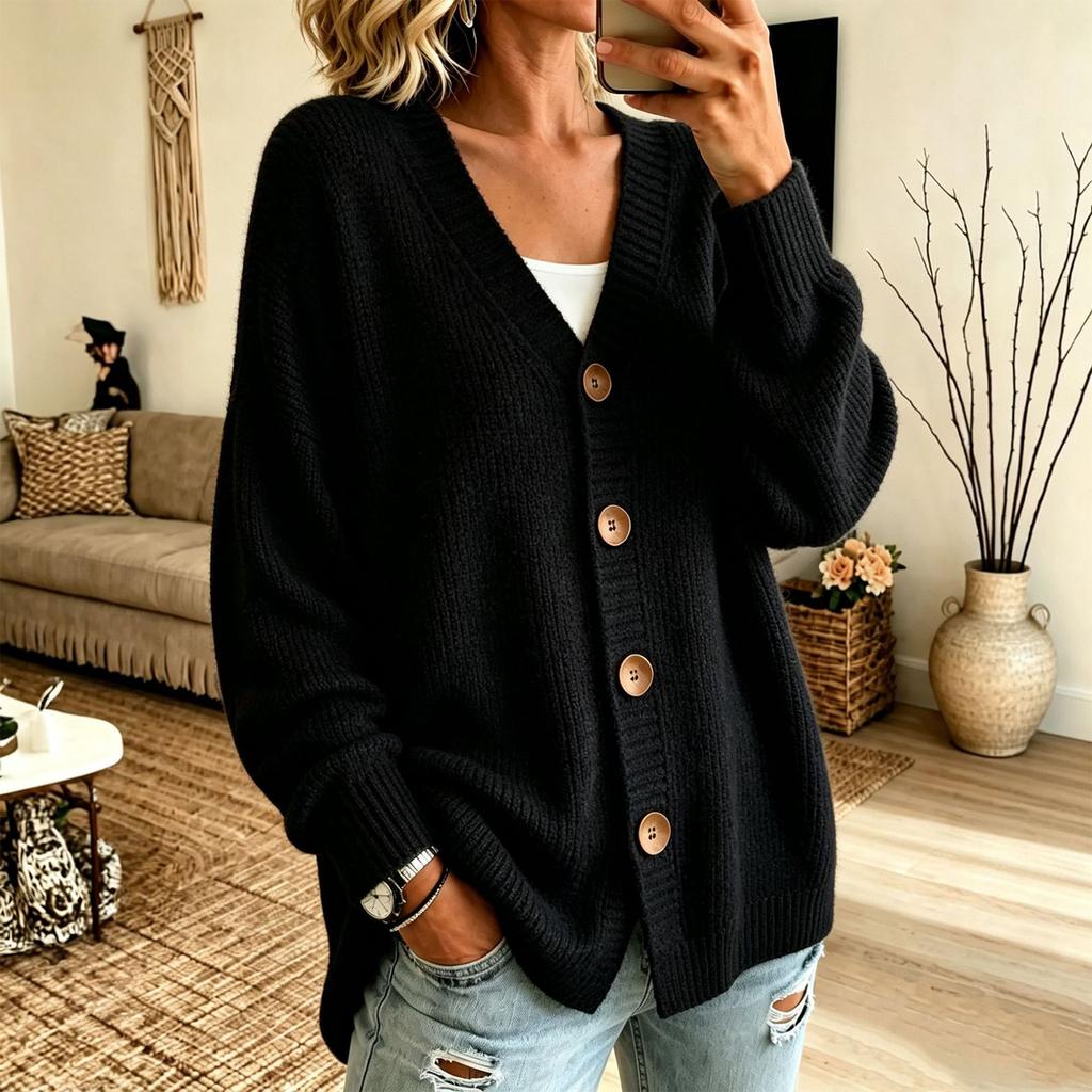 Women's Color V-Neck Button Front Knit Cardigan Long Sleeve