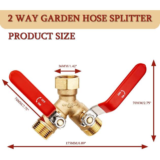 Garden Water Hose Splitter - RV Water Splitter 2 Way Heavy Duty Brass Spigot Hose Splitter - Outdoor Y Hose Bib 2 Valves With 2 Extra Rubber Washers