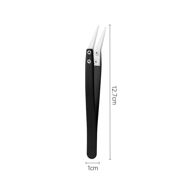 

1pc Black Handle Ceramic Tip Tweezers Straight & Curved Pointed Tip Acid and Alkali Resistant Insulation Clamping Tools Small bent tip