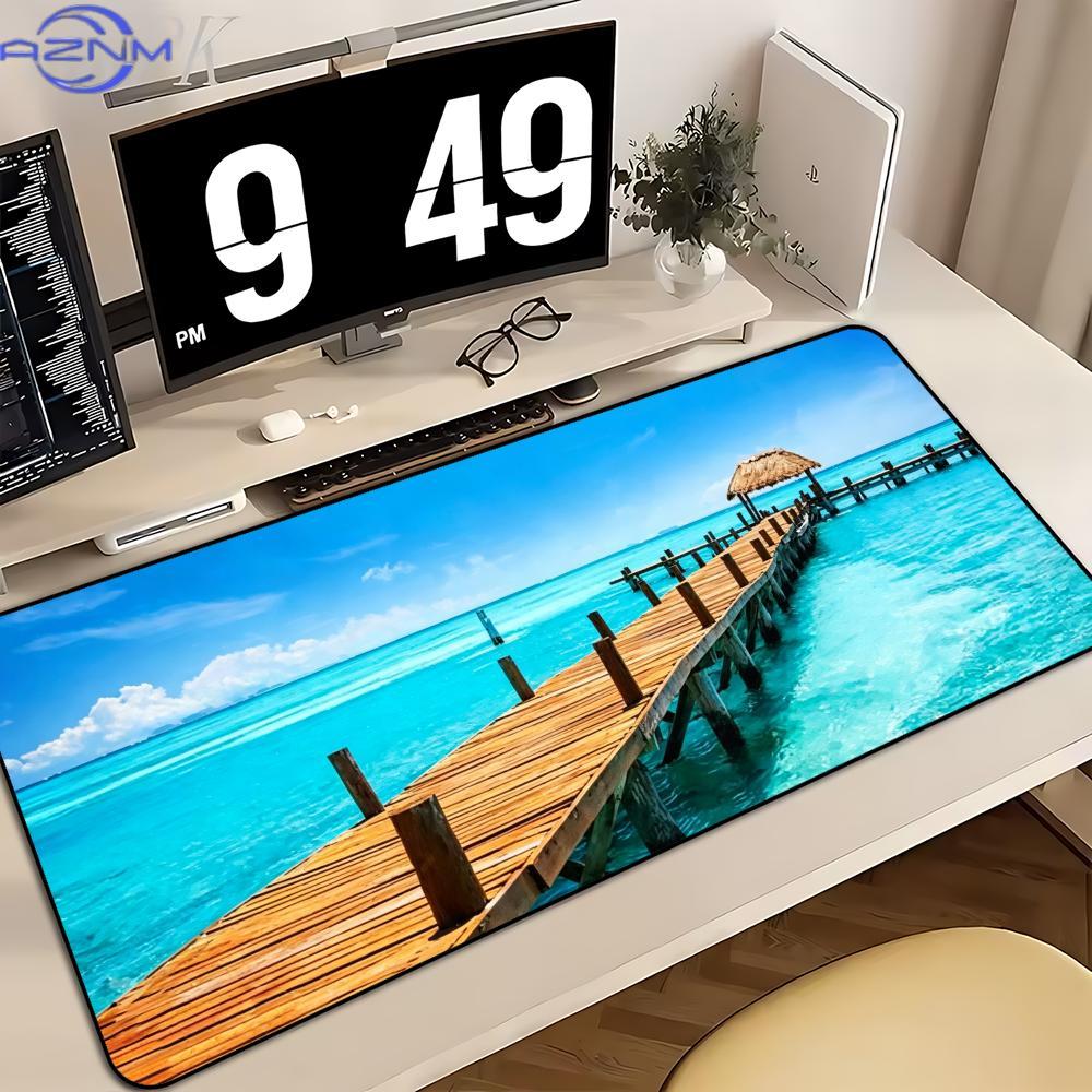 Large Gaming Mousepad Desk Mat Keyboard Pad Tropical Ocean Wooden Pier Beach Scenic Landscape Print Non Slip Rubber Nature Decor