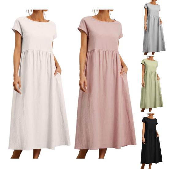 Women Dress Short Sleeve Casual Breathable Solid Color A-Line Dual Pockets Midi Dress for Daily Wear