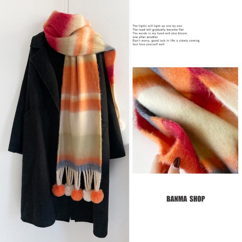

Winter rainbow striped scarf soft hanging hairball scarf mohair thickened warm student cold scarf shawl 105*35cm