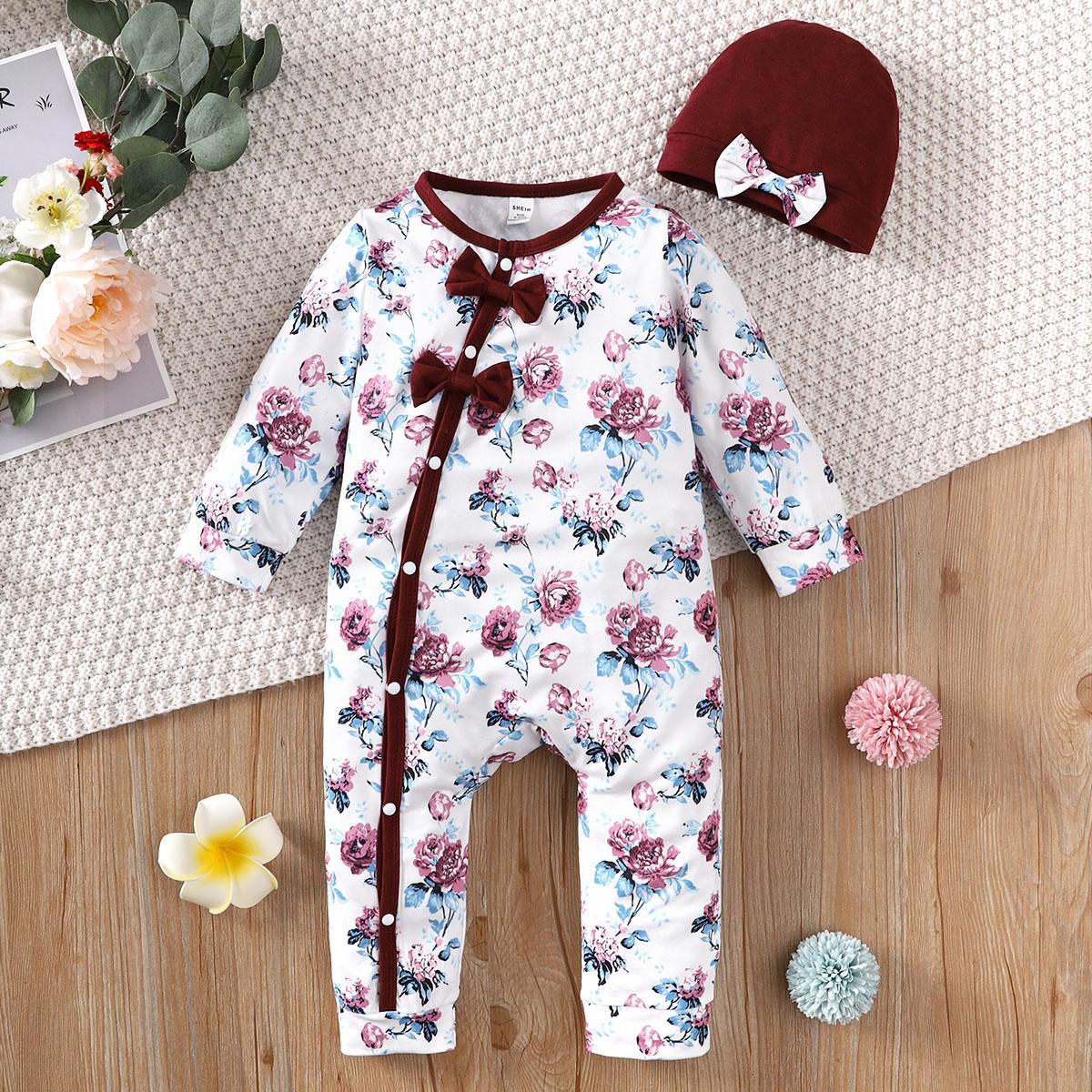 Baby girl Bodysuit open button floral full print long sleeved Bodysuit+Hat 0-24 months newborn Baby girl spring autumn Bodysuit 1-3M
