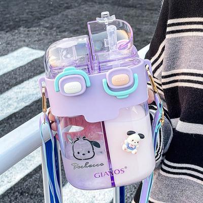 New Cute Cartoon Double Drinking Water Bottle For Kids Girls With Straw Strap Portable Leak Proof Plastic Cup BPA Free Drinkware