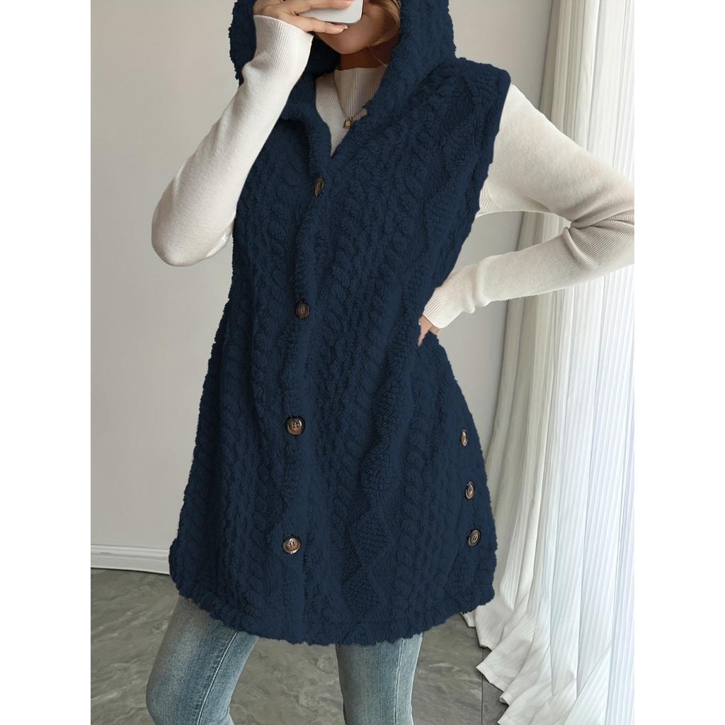 Damen Uni Farbe Wende Flauschige Kapuzen Knopf Strickjacke Weste Lässig Herbst Winter Mode