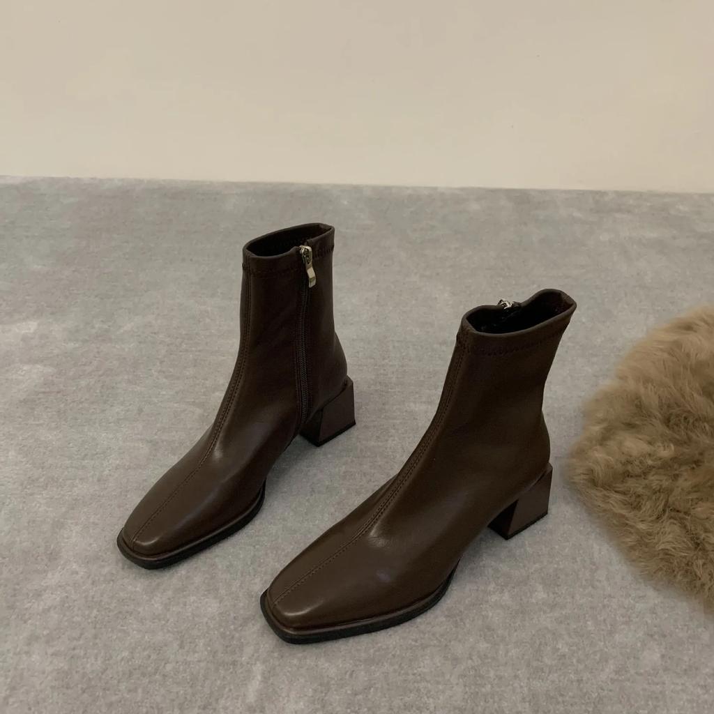 Štvorcová špička Dámske členkové čižmy Flock Stretch Topánky Tenké stredné podpätky Čierna/hnedá/béžová Zadný zips Šaty na zips Ponožkové čižmy Žena Veľkosť 35-40