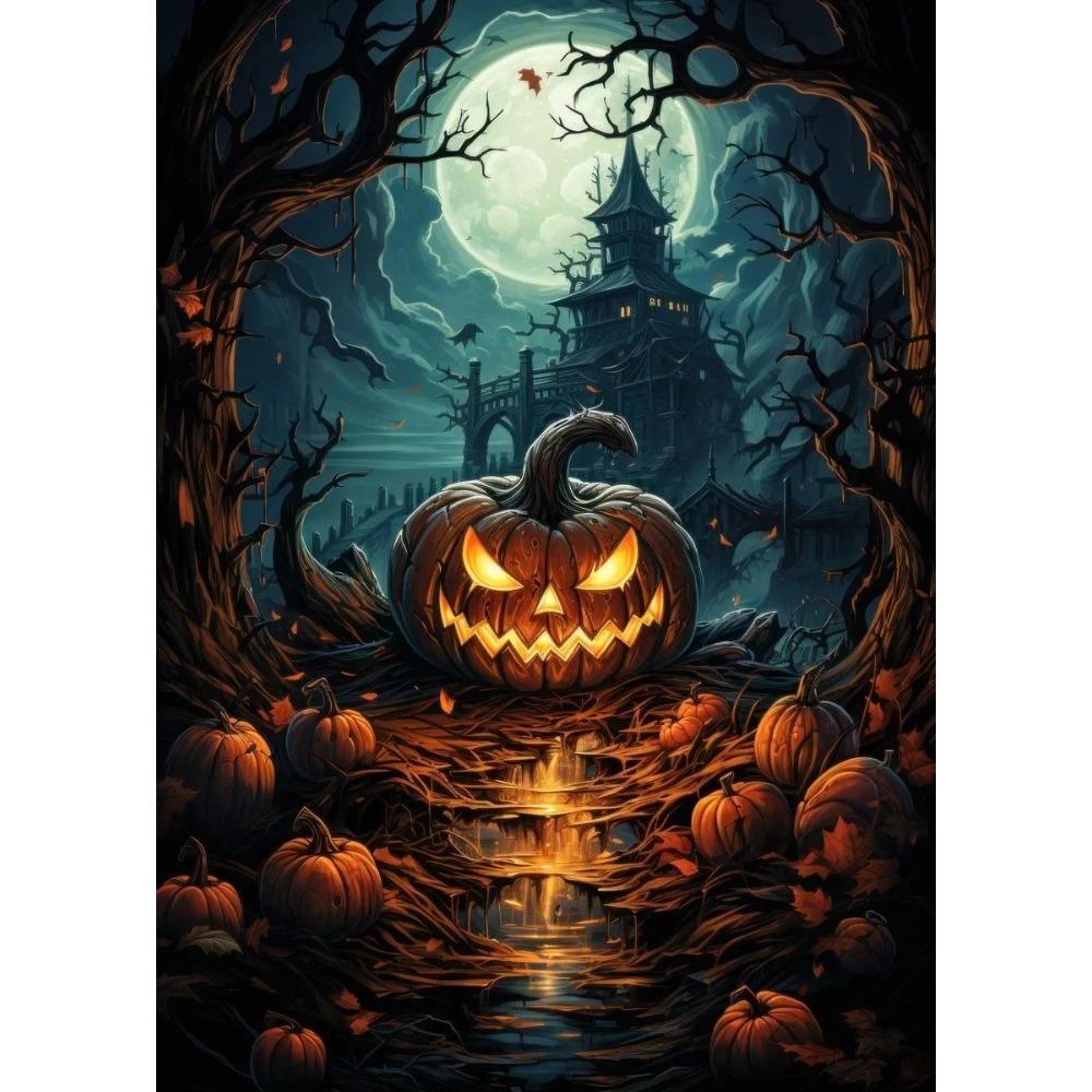 A Classic Vintage Wall Art Pumpkin Black Cat Ghost Painter Halloween Night, Printed Poster, Home Living Room Bedroom Decoration