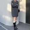 Crew neck false pocket design loose medium and long knitted dress autumn and winter new sweater skirt