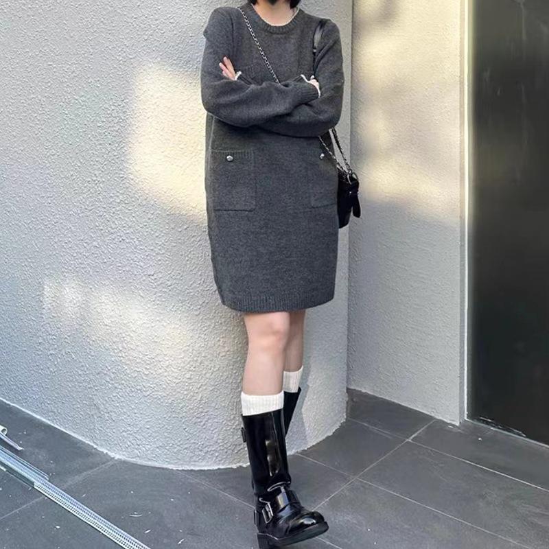 Crew neck false pocket design loose medium and long knitted dress autumn and winter new sweater skirt