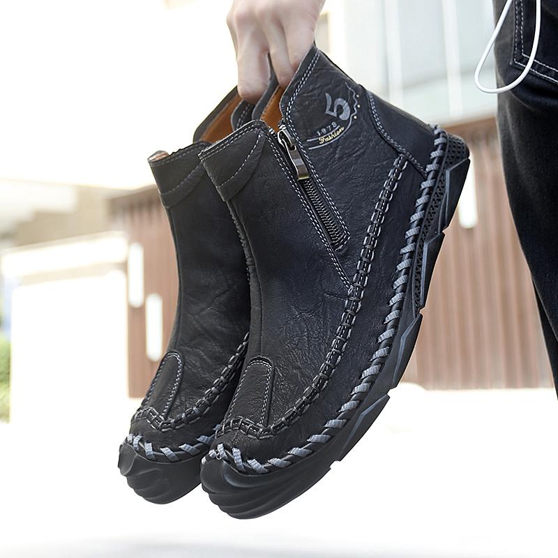 TUINANLE Hand-stitching Leather Men Boots Casual Leather Shoes Men Ankle Boots Zipper Shoes
