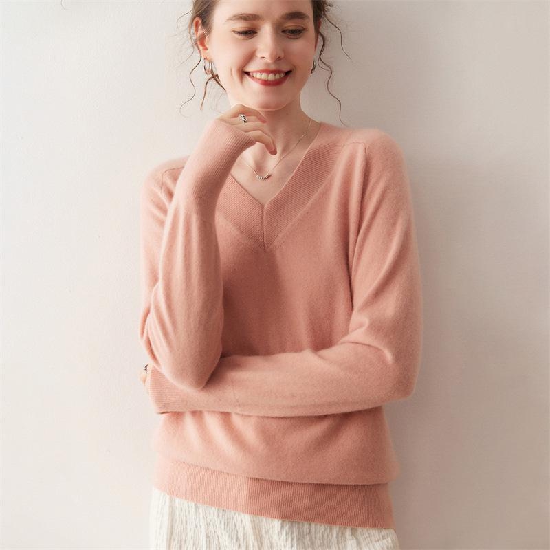 Lekasha Women's Cashmere V-Neck Sweater - Loose, Long-Sleeved Knit for Autumn & Winter