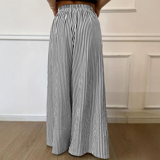 Women Pants with Pockets, Casual Wide Leg Trousers with Elastic Waist, Loose Fit Striped Print Pants for Everyday Wear