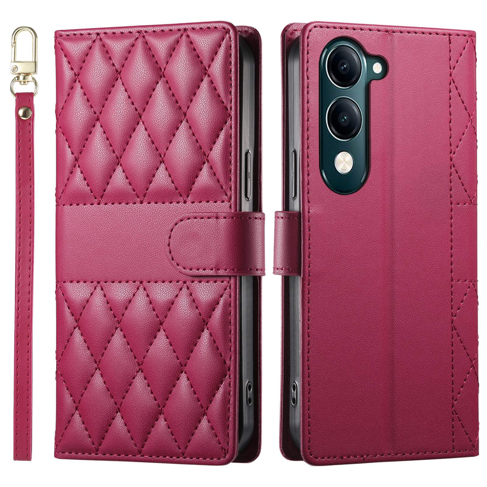 

Чохол для vivo Y04 4G/Y29s 5G Ромбова прошивка Гаманець Підставка Шкіряний чохол для телефону з довгим/коротким ремінцем Red