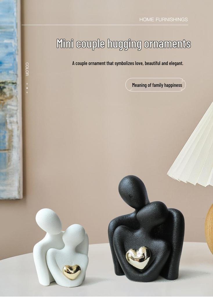 Nordic Minimalist Ceramic Heart Figurines: Black & White Hugging Couple Ornament