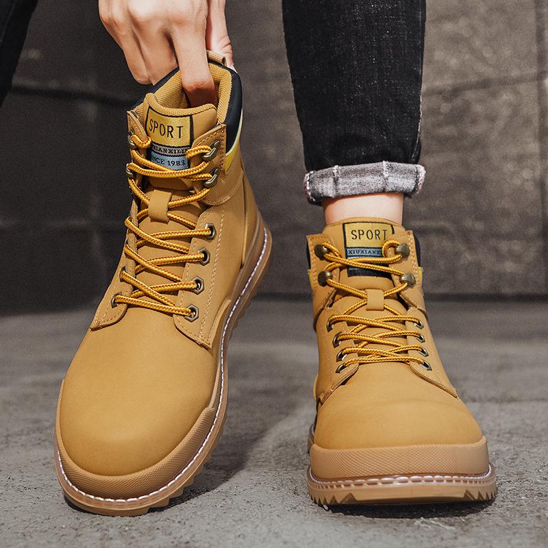 Big yellow boots men's autumn and winter new casual high-top Martin boots outdoor hiking boots retro thick-soled tooling boots