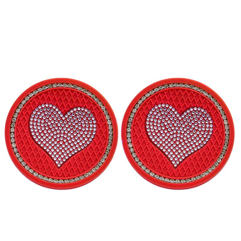 2pcs Car Coaster Diamond Heart Shape Water Cup Bottle Holder Anti-slip Pad Silica Gel Waterproof Mat Car Interior