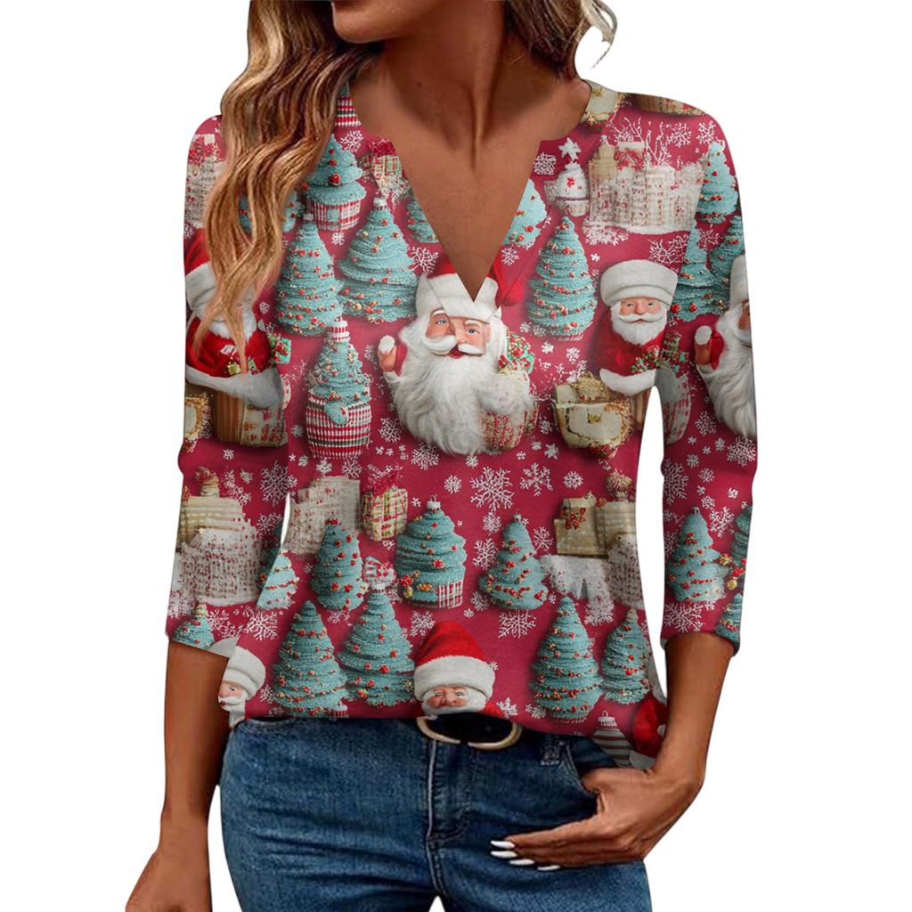 Women's Casual Fashionable Sexy Comfortable V-Neck Christmas Three-Quarter Sleeve Top