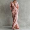 2026 European and American high-end linen wrap dress deep V bat sleeve waist pleated split fork with pocket dress