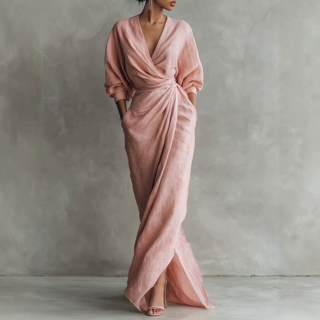 2026 European and American high-end linen wrap dress deep V bat sleeve waist pleated split fork with pocket dress