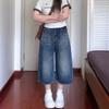 Women's High Waisted Vintage Washed Denim Capri Pants Loose Wide Leg Cropped Jeans Casual Streetwear