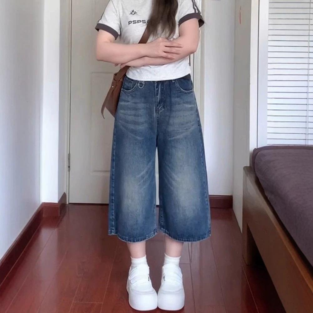 Women's High Waisted Vintage Washed Denim Capri Pants Loose Wide Leg Cropped Jeans Casual Streetwear