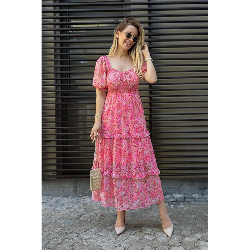 Sheetal Associates Women s Floral Puff Sleeve High Waist A Line Flowy Long Dress (Small, Pink) 2XL розовый