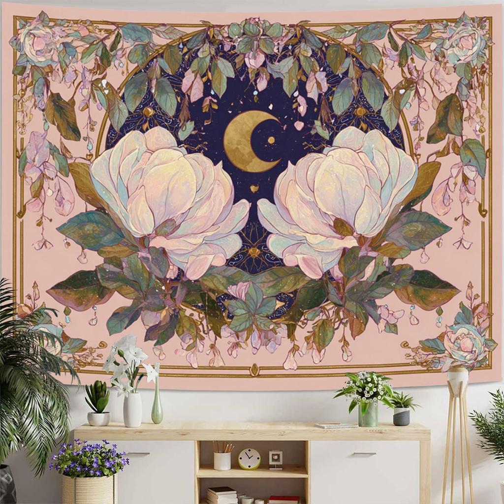 Floral Moon Magnolia Tapestry Vintage Celestial Flower Print Wall Hanging For Bedroom Living Room Boho Aesthetic Decor