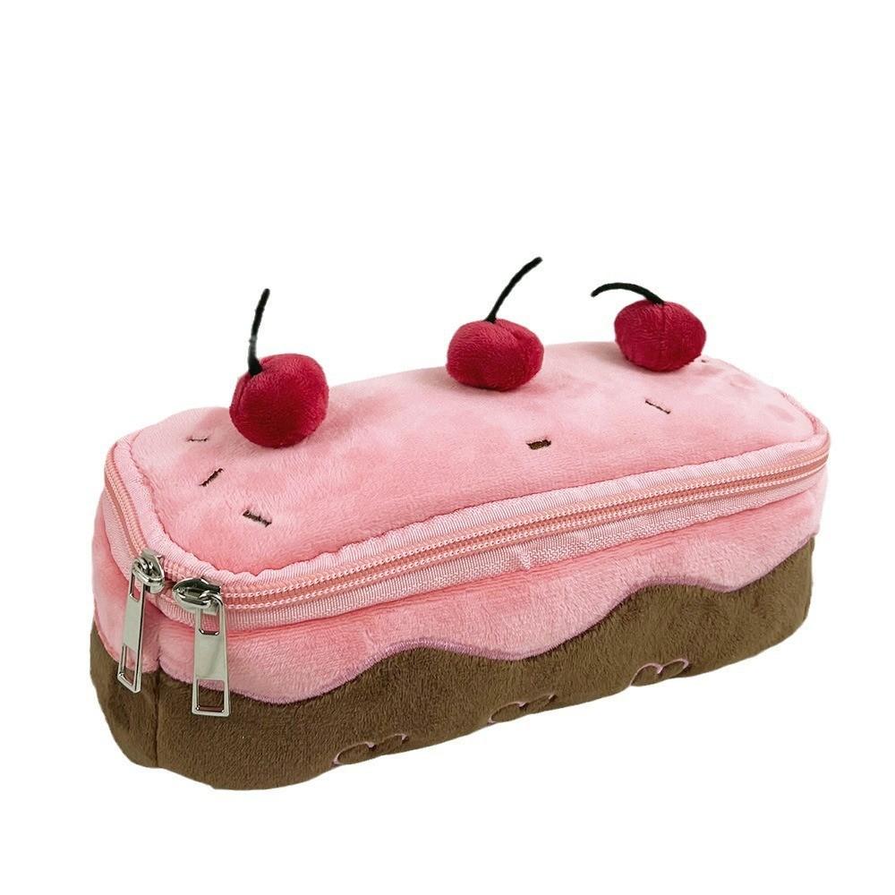 Plush Pencil Pouch Fuzzy Pink Cherry Cake Big Capacity Kawaii Plush Pencil Case Student Stationery Storage Portable Bag