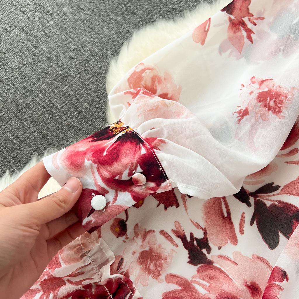 Women Elegant Vintage Mid Dress Bow Neck Retro Flower Print Long Sleeve Dresses with Belt