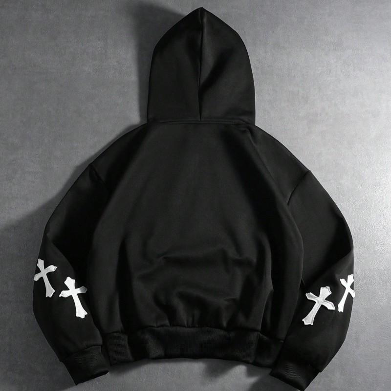 Unisex Streetwear Oversized Hooded Zip-Up Sweatshirt With Cross Embroidery Patch