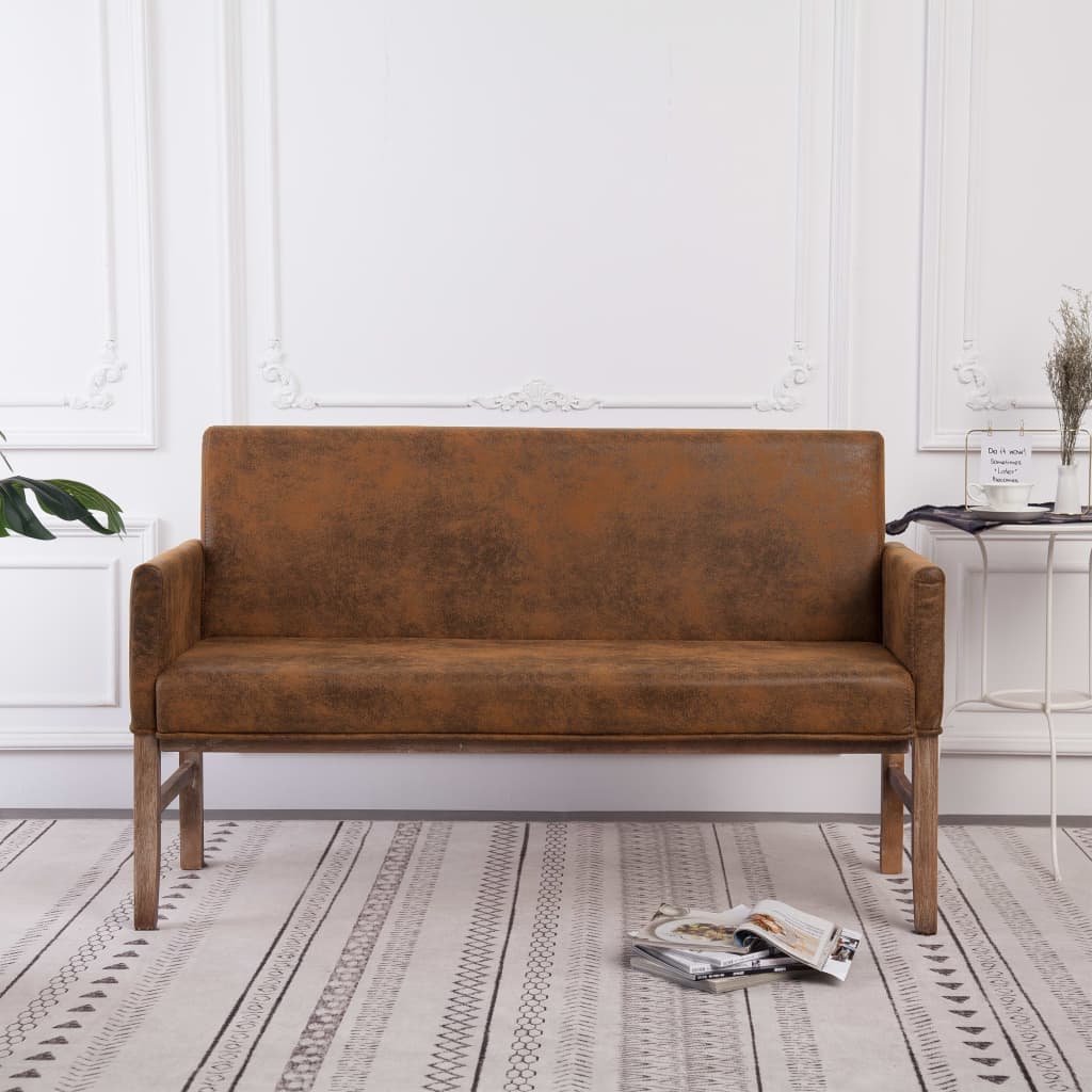 2 Seater Bench with Armrests 140 Cm Brown Faux Suede Finish