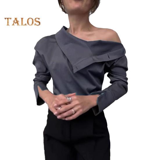 

Женская рубашка с пуговицами, водолазка с длинными рукавами, повседневная свободная рубашка, однотонная блузка с открытыми плечами S серый