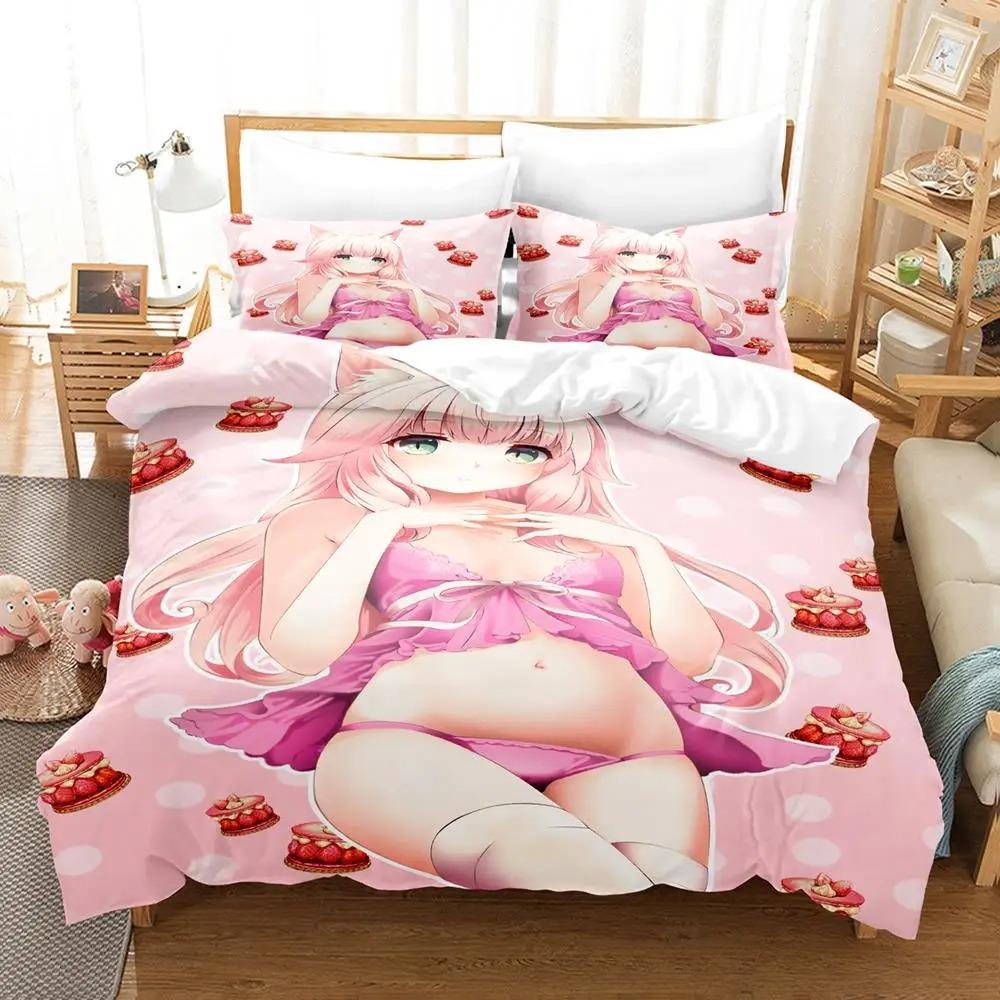 Kawaii Nekopara Bedding Set Single Twin Full Queen King Size Bed Set Aldult Kid Bedroom Duvetcover Sets Anime Parure De Lit Bed