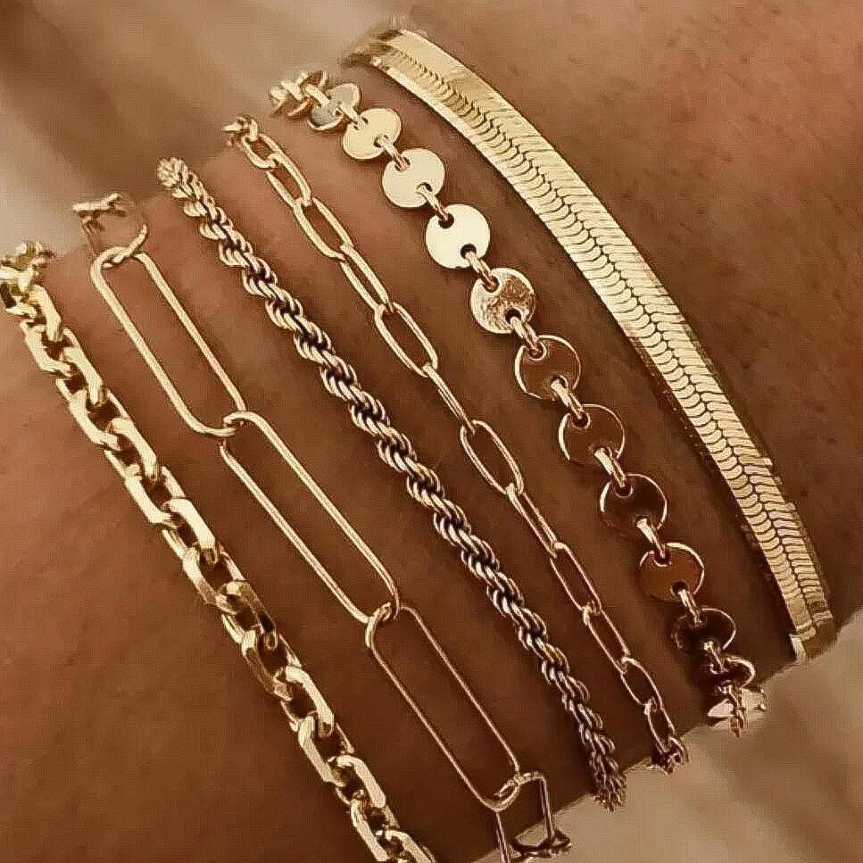 6pcs Simple Punk Gold Color Chain Bracelet Set Chunky Metal Link Chain Twisted Designs Multi Layered Bracelets For Women Jewelry