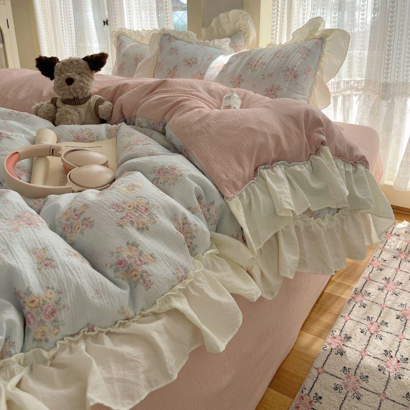 

G5Z Пасторальний Стиль Дівчачий Хмароподібний Двошаровий Бавовняний Мереживний Комплект Постільної Білизни - Підковдра та Простирадло Триpiece Set 0.9m Flat 3-Piece Set Duvet 1.5x2.0m