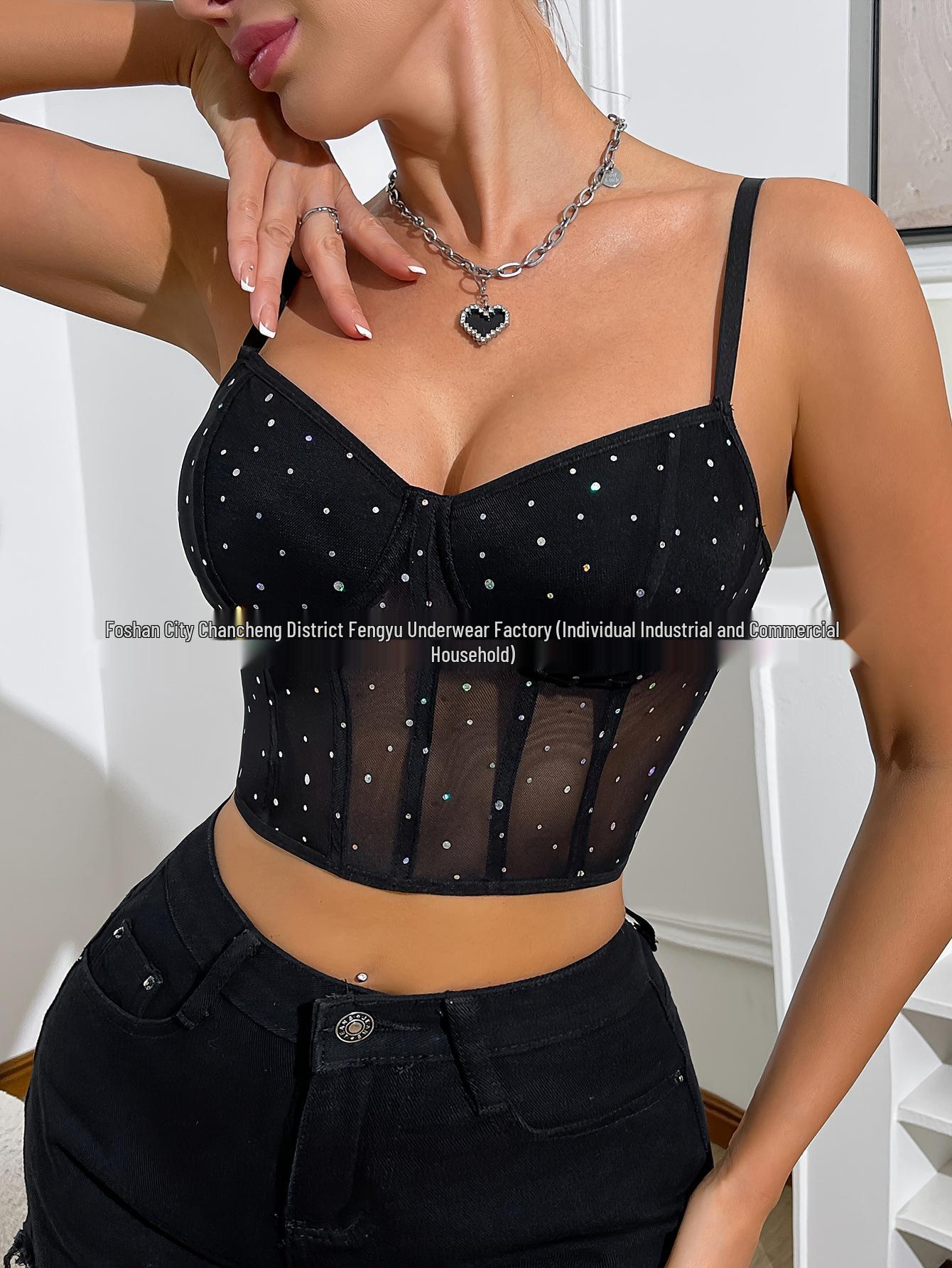 European & American Fashion Mesh Sequined See-Through Sexy Camisole Large чёрный