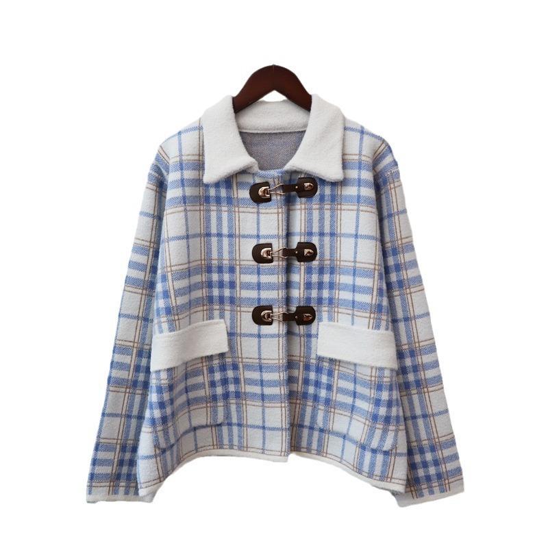 Autumn and winter new contrasting color plaid knitted double-sided tweed jacket design sense loose temperament sweater cardigan women