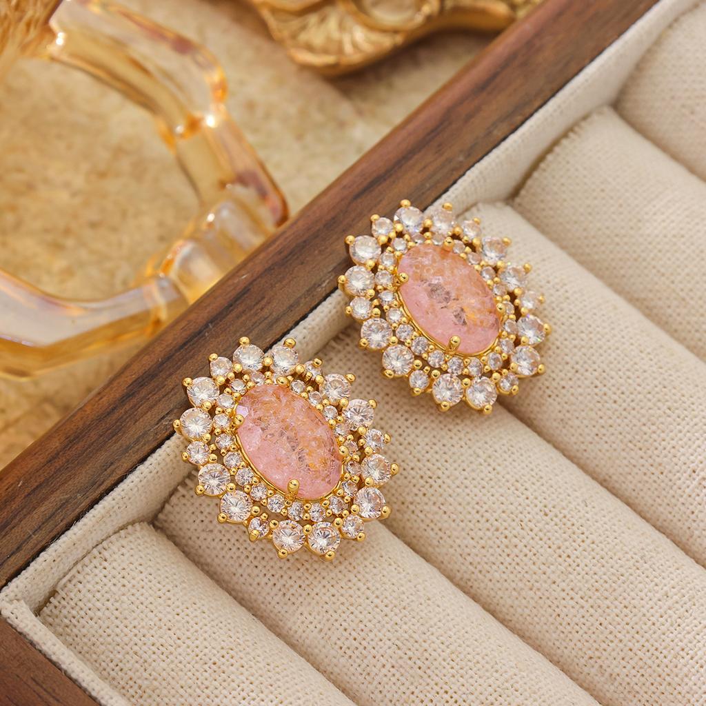 Light Luxury High-End Versatile 10 * 14 Oval Gemstone Inlaid Zircon Silver Needle Stud Earrings.