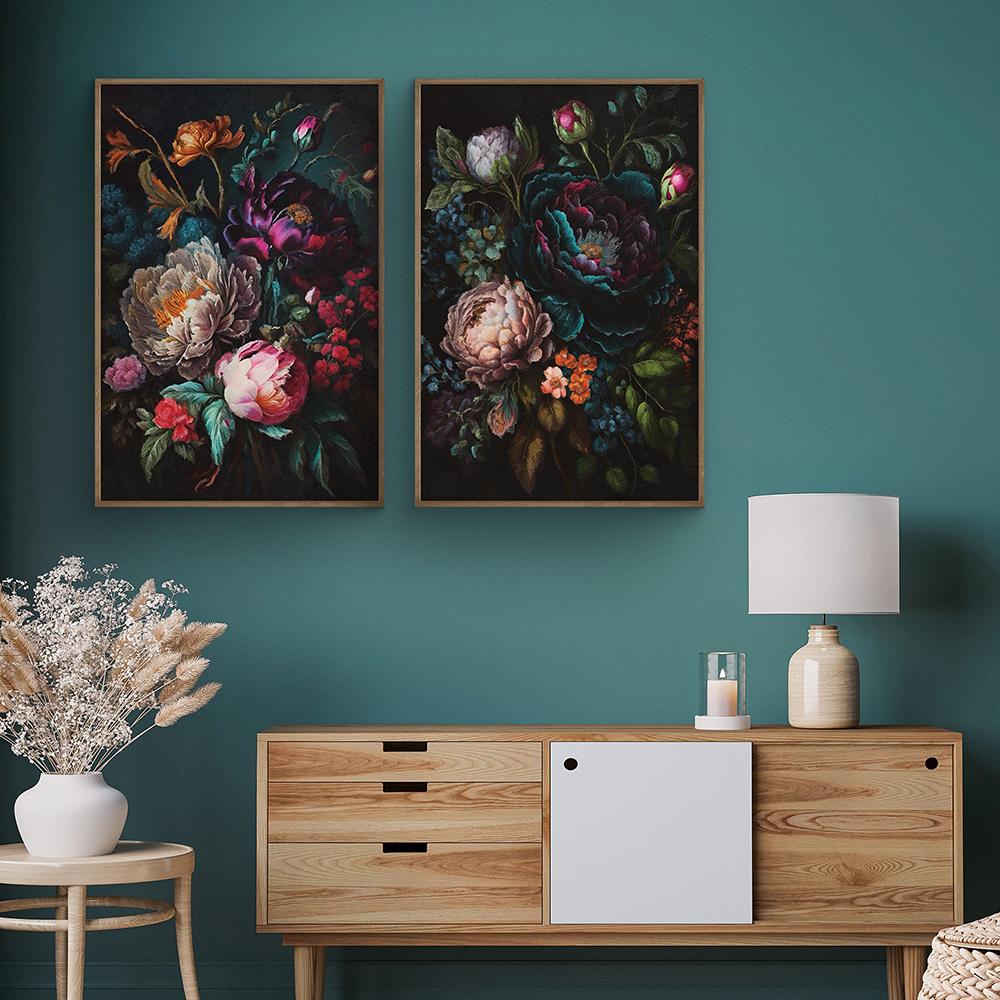 Light Dark Floral Vintage Oil Painting on Canvas Poster Still Life Botanical Floral Fauna Print Gallery Wall Art Picture Decor