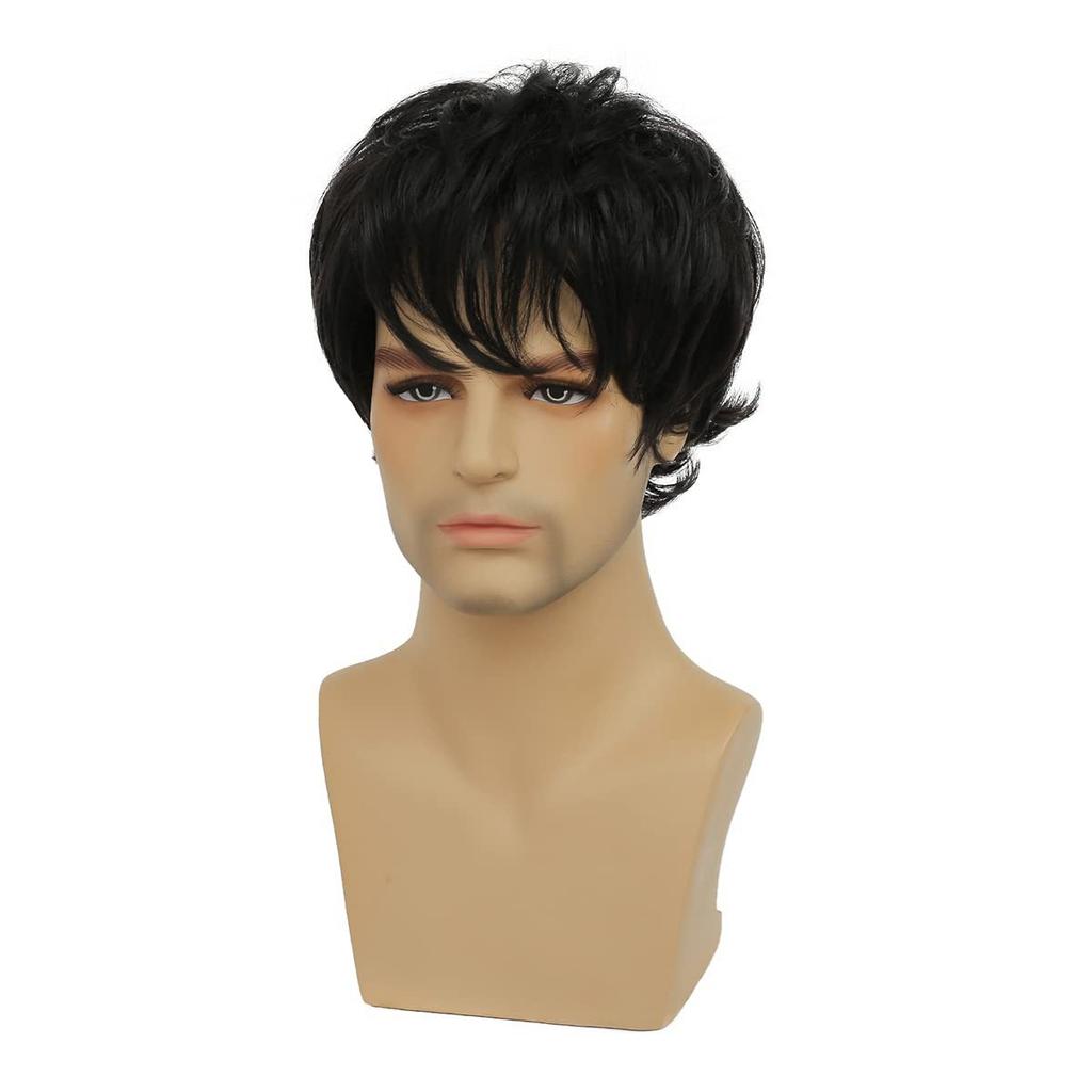Men Synthetic Black Wig With Bangs Natural Daily Fake Hair for Male Short Fashion Wave Wigs Costume Party Heat Resistant Fiber