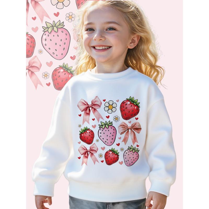 Kids Sweatshirt Sweet Strawberry: A Playful Design Featuring Strawberries, Bows, And Flowers on a Long Sleeve Crewneck Sweatshirt 110