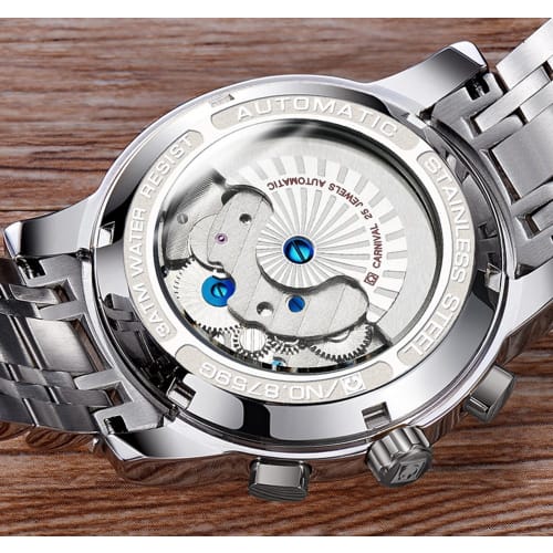 Men's Tourbillon Automatic Mechanical Watch, Silver Stainless Steel, Multi-Function, Blue Watch, Silver/Blue, Rose Gold/White