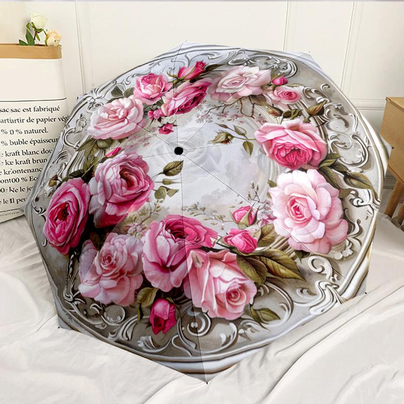 Floral Elegance In Pink Roses 8-Frame for Travel, Camping, Casual Lightweight Portable Umbrella, Essential for Every Family Holidays Birthday Gift