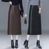 2025 Autumn/Winter Women's High Waist Leather Bodycon Midi Skirt - Slimming Sheepskin Slit Design.