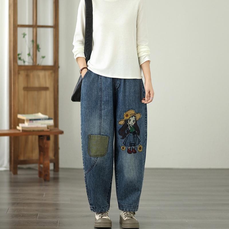Plus Size Vintage Embroidery High Waist Casual Loose Women Spring Summer Autumn Jeans Denim Harem Pants