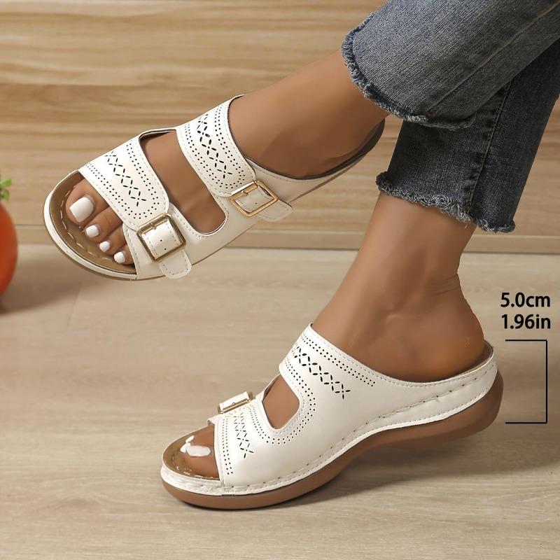 Women's Solid Color Casual Sandals, Platform Slip On Soft Sole Double Buckle Holiday Shoes, Cut Out Wedge Beach Shoes