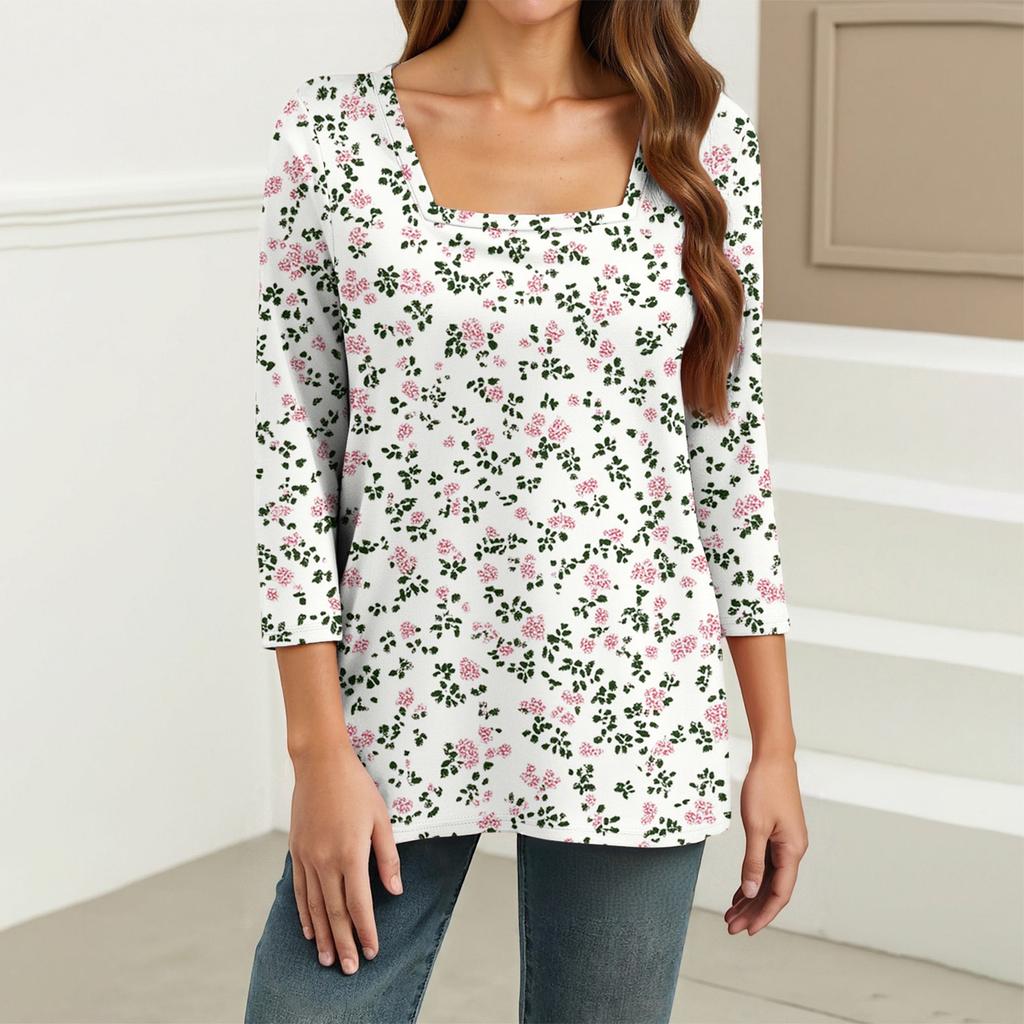 Dámské tričko s potiskem a 3/4 rukávy pro každodenní nošení i na víkend, módní základní top se čtvercovým výstřihem, běžný střih