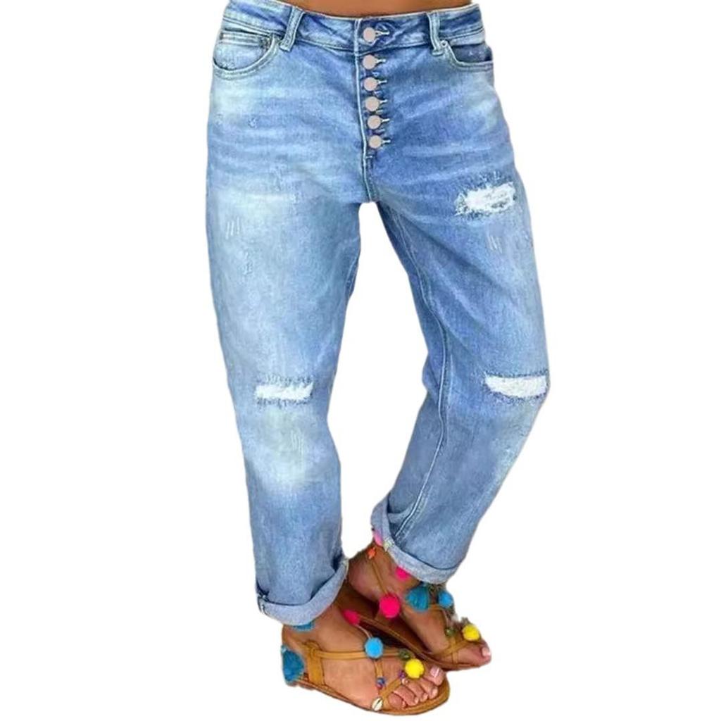 Jeans da Uomo Retro Autunno 2025 da Donna, Larghi, Dimagranti, Gamba Dritta, Strappati, Bottoni, Stile Papà