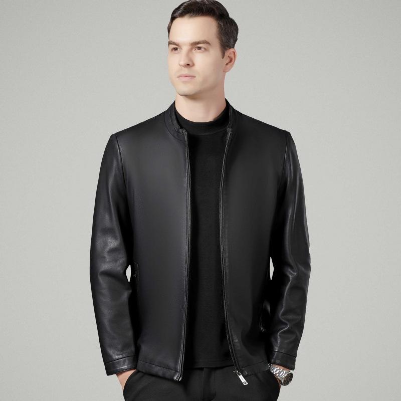 Autumn new men's leather jacket business casual leather top middle-aged father sheepskin stand-up collar jacket