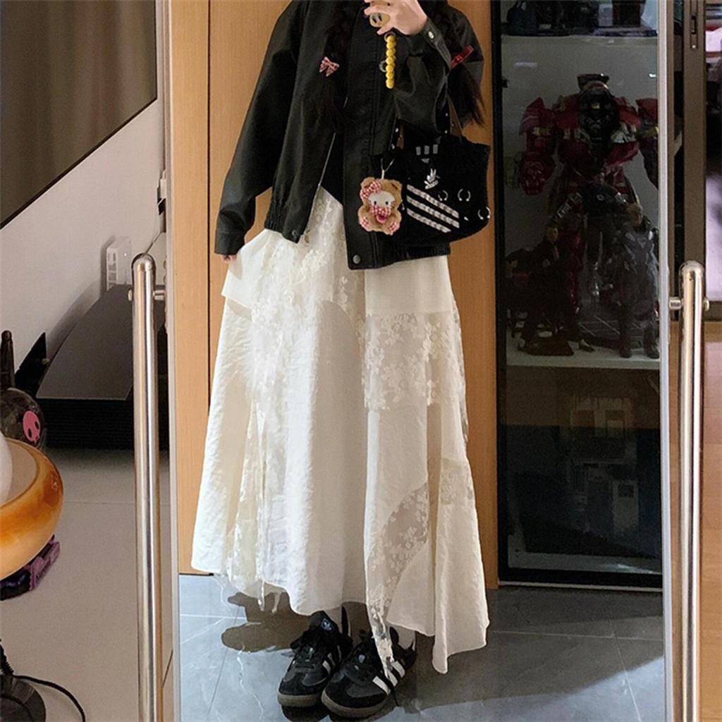 Women's Apricot Lace Patchwork High-Waist Mid-Length Skirt, Plus Size, Irregular Hem, Slimming Autumn Style